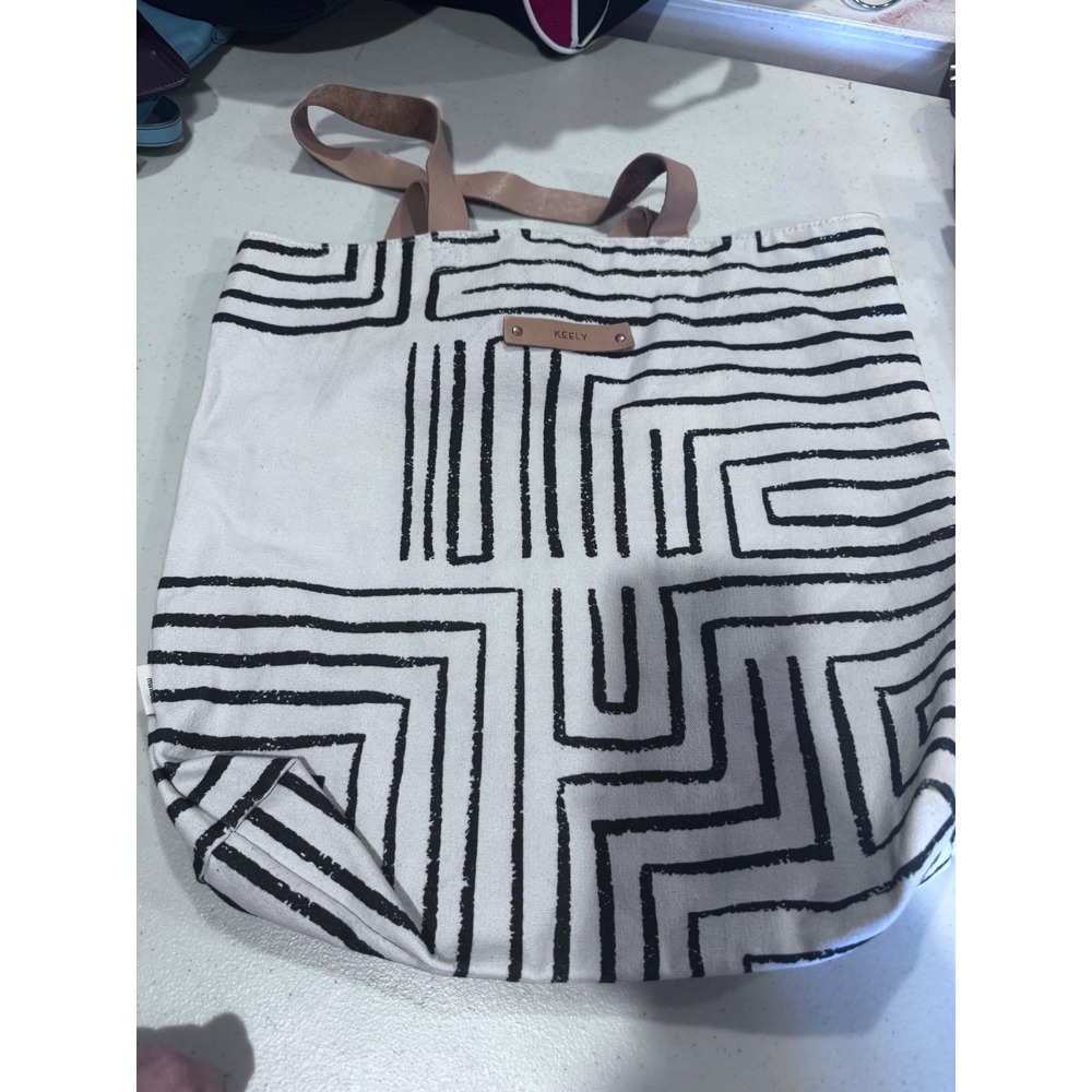 Minted Canvas Tote Bag Black White Geometric Labyrinth Leather Handles Keely
